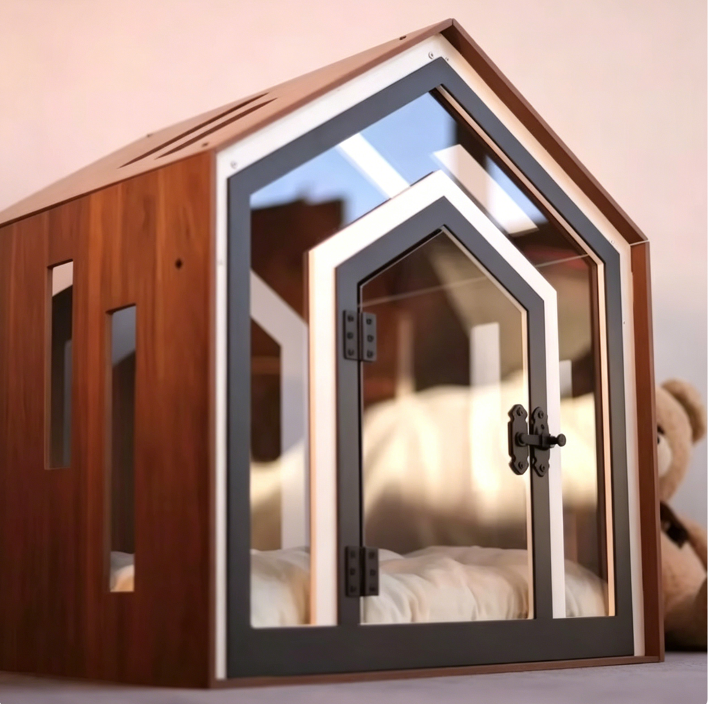 Wooden Dog & Cat House with Transparent Acrylic Door, All-Season Indoor Pet Shelter for Small and Medium Pets