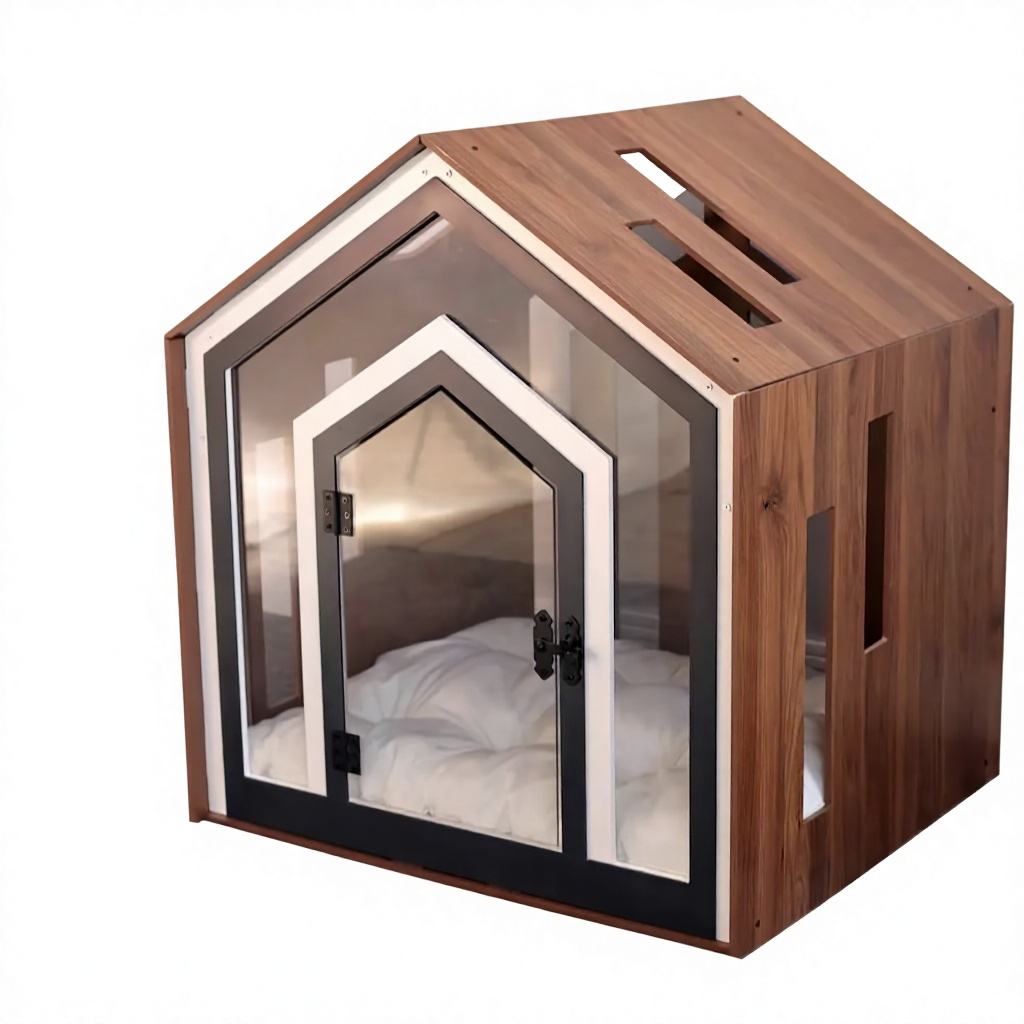 Wooden Dog & Cat House with Transparent Acrylic Door, All-Season Indoor Pet Shelter for Small and Medium Pets